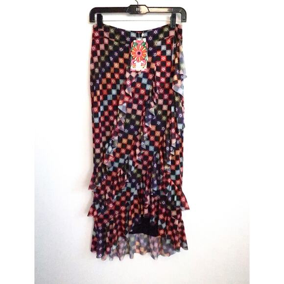 FARM RIO Mesh Check Midi Maxi Ruffle Tiered Skirt Anthropologie S NWT $160 - Picture 3 of 11